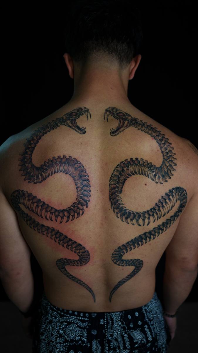 Symmetrical twin serpent skeleton tattoos across the upper back