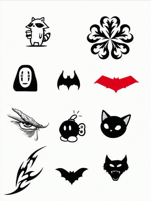 Flash sheet 1: twelve bold black designs — raccoon, ornament, masked figure, bats, eye, bomb, cat, tribal, wolf
