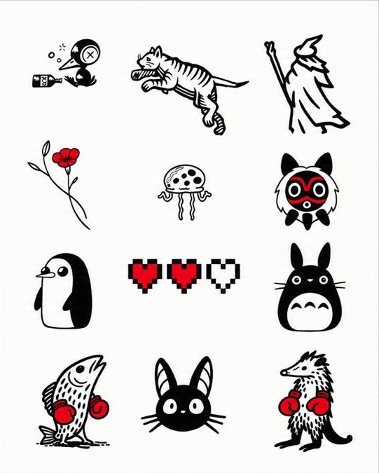Flash sheet 2: twelve designs — tiger, wizard, red poppy, jellyfish, penguin, pixel hearts, masked spirit, boxing fish, cat, hedgehog