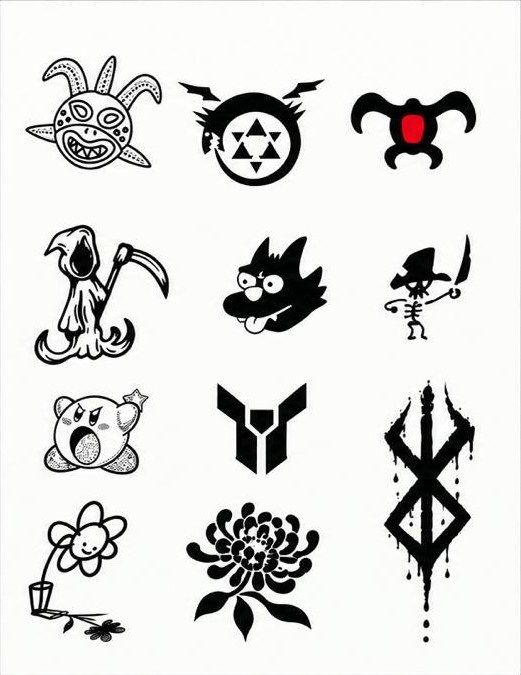 Flash sheet 3: twelve designs — masks, emblems, reaper, cat, skeleton pirate, star warrior, flowers, dripping sigil